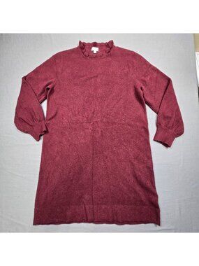 J Crew XL Sweater Dress Burgundy Extra Soft Knit Ruffle Collar Long Sleeve